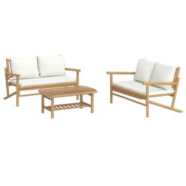 Set mobilier de grădină, cu perne alb crem, 3 piese, bambus, 3 image