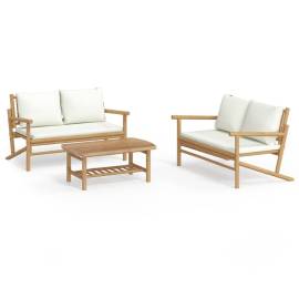 Set mobilier de grădină, cu perne alb crem, 3 piese, bambus, 2 image