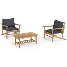 Set mobilier de grădină, perne gri închis, 3 piese, bambus, 2 image