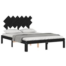 Cadru de pat cu tăblie, negru, lemn masiv, dublu 4ft6, 3 image