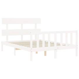 Cadru de pat cu tăblie, 140x190 cm, alb, lemn masiv, 5 image