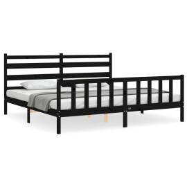 Cadru de pat cu tăblie, negru, 180x200 cm, lemn masiv, 2 image