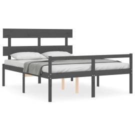 Cadru de pat cu tăblie, gri, lemn masiv, 5ft king, 2 image