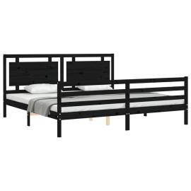 Cadru pat cu tăblie 200x200 cm, negru, lemn masiv, 3 image