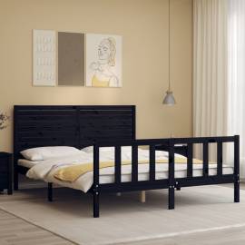 Cadru de pat cu tăblie, negru, lemn masiv, king size 5ft, 3 image