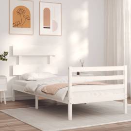 Cadru de pat cu tăblie, alb, 90x200 cm, lemn masiv, 3 image