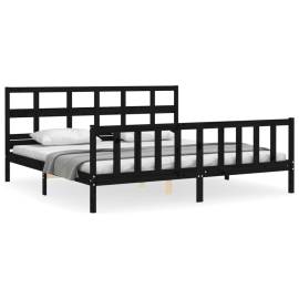 Cadru pat cu tăblie 200x200 cm, negru, lemn masiv, 2 image