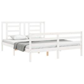 Cadru de pat cu tăblie, alb, lemn masiv, king size 5ft, 4 image