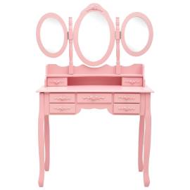 Masă de toaletă cu taburet și triptic oglinzi, roz, 4 image