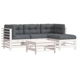 Set mobilier de grădină cu perne, 5 piese, alb, lemn masiv, 2 image