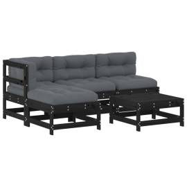 Set mobilier de grădină cu perne, 5 piese, negru, lemn masiv, 2 image