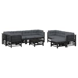 Set mobilier de grădină cu perne, 10 piese, negru, lemn masiv, 2 image