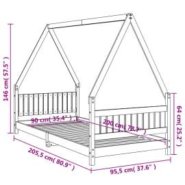Cadru pat pentru copii, negru, 90x200 cm, lemn masiv de pin, 9 image
