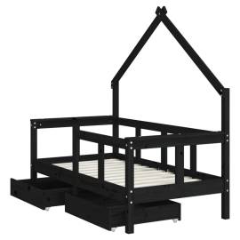 Cadru de pat copii cu sertare, negru, 70x140 cm, lemn masiv pin, 4 image