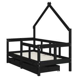 Cadru de pat copii cu sertare, negru, 70x140 cm, lemn masiv pin, 3 image
