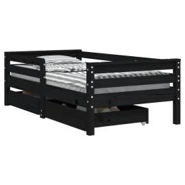 Cadru de pat copii cu sertare, negru, 70x140 cm, lemn masiv pin, 2 image