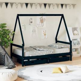 Cadru de pat copii cu sertare, negru, 80x160 cm, lemn masiv pin