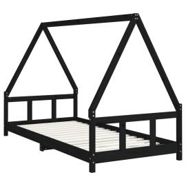 Cadru pat pentru copii, negru, 90x200 cm, lemn masiv de pin, 3 image