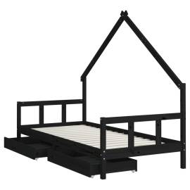 Cadru de pat copii cu sertare, negru, 90x190 cm, lemn masiv pin, 4 image