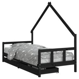 Cadru de pat copii cu sertare, negru, 90x200 cm, lemn masiv pin, 2 image
