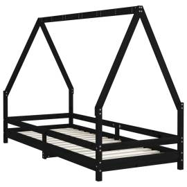 Cadru pat pentru copii, negru, 90x200 cm, lemn masiv de pin, 6 image