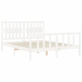 Cadru de pat cu tăblie, alb, king size, lemn masiv, 5 image