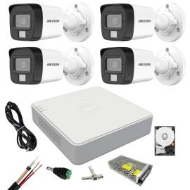 Kit supraveghere hikvision 4 camere dual light, 2mp lumina alba 20m ir 30m dvr 4 canale 4 mp lite hard 500, accesorii