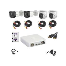 Kit supraveghere video hikvision 5mp format din 2 camere interior 2 camere exterior dvr 4 canale si accesorii complete incluse