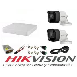 Sistem supraveghere video hikvision 2 camere 5mp turbo hd ir 80m cu dvr hikvision 4 canale  full accesorii cablu coaxial