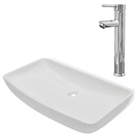 Chiuvetă de baie cu robinet mixer, ceramică, dreptunghiular alb, 2 image