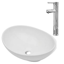 Chiuvetă de baie cu robinet mixer, ceramică, oval, alb, 2 image