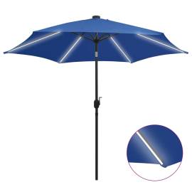 Umbrelă de soare, led-uri și stâlp aluminiu, azur, 300 cm