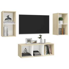 Set de dulapuri tv, 3 piese, alb și stejar sonoma, pal, 3 image