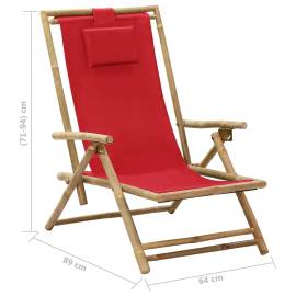 Scaun rabatabil de relaxare, roșu, bambus & țesătură, 8 image