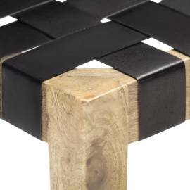 Bancă, negru, 110 cm, piele naturală și lemn masiv de mango, 5 image