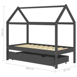 Cadru pat copii cu sertar gri închis 80x160 cm lemn masiv pin, 7 image
