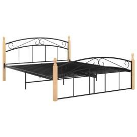 Cadru de pat, negru, 140x200 cm, metal și lemn masiv de stejar, 3 image