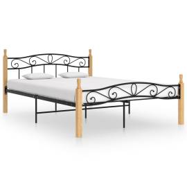 Cadru de pat, negru, 160x200 cm, metal și lemn masiv de stejar