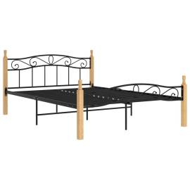 Cadru de pat, negru, 160x200 cm, metal și lemn masiv de stejar, 2 image