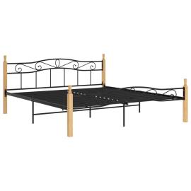 Cadru de pat, negru, 180x200 cm, metal și lemn masiv de stejar, 2 image