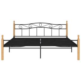 Cadru de pat, negru, 200x200 cm, metal și lemn masiv de stejar, 3 image