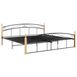 Cadru de pat, negru, 200x200 cm, metal și lemn masiv de stejar, 2 image