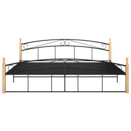 Cadru de pat, negru, 200x200 cm, metal și lemn masiv de stejar, 3 image