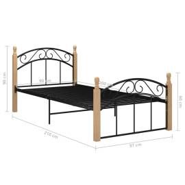 Cadru de pat, negru, 90x200 cm, metal și lemn masiv de stejar, 6 image
