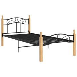 Cadru de pat, negru, 90x200 cm, metal și lemn masiv de stejar, 2 image