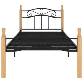 Cadru de pat, negru, 90x200 cm, metal și lemn masiv de stejar, 3 image