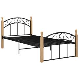 Cadru de pat, negru, 90x200 cm, metal și lemn masiv de stejar, 2 image