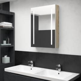 Dulap de baie cu oglindă și led, alb și stejar, 50x13x70 cm