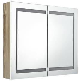 Dulap de baie cu oglindă și led, alb și stejar, 80x12x68 cm, 3 image
