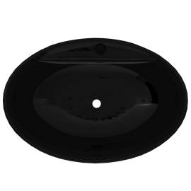 Bazin chiuvetă ceramică baie cu gaură robinet/preaplin, oval, negru, 3 image